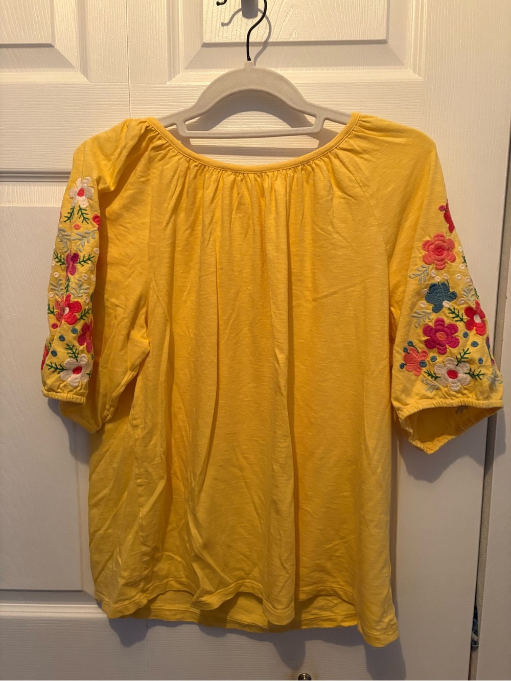 Talbots Yellow Embroidered Puff-Sleeve Top